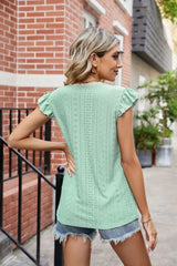 Eyelet Flutter Sleeve Scalloped V-Neck Top - Trendsi - Flyclothing LLC