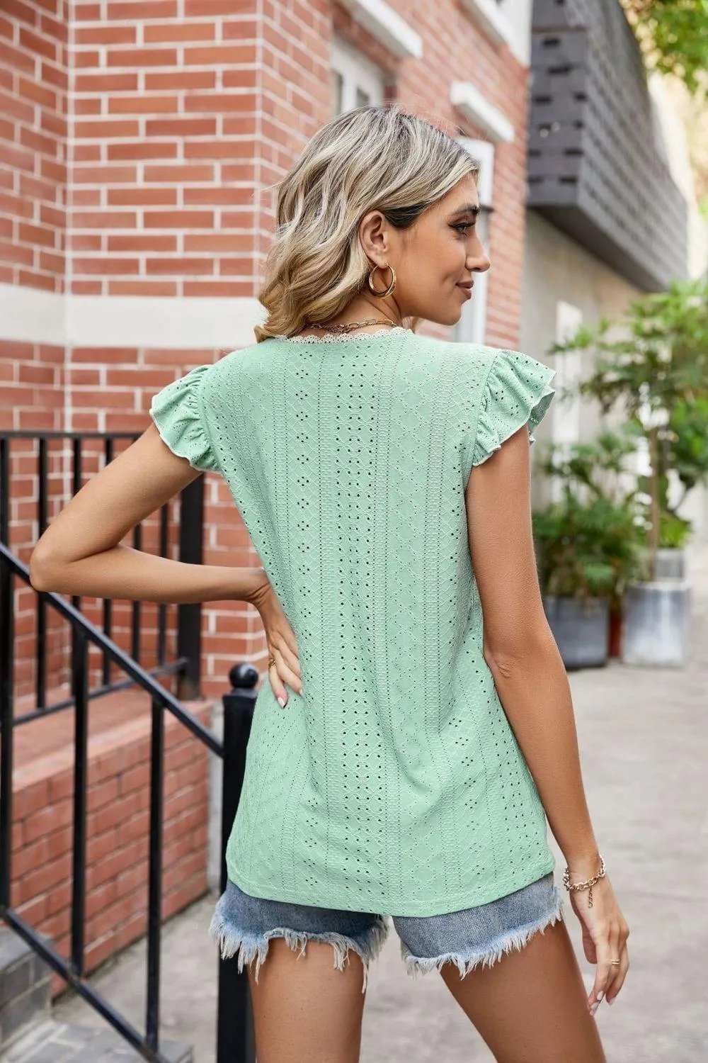 Eyelet Flutter Sleeve Scalloped V-Neck Top - Trendsi - Flyclothing LLC