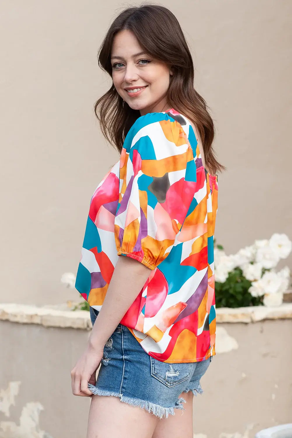 Printed Square Neck Half Sleeve Top - Trendsi - Flyclothing LLC