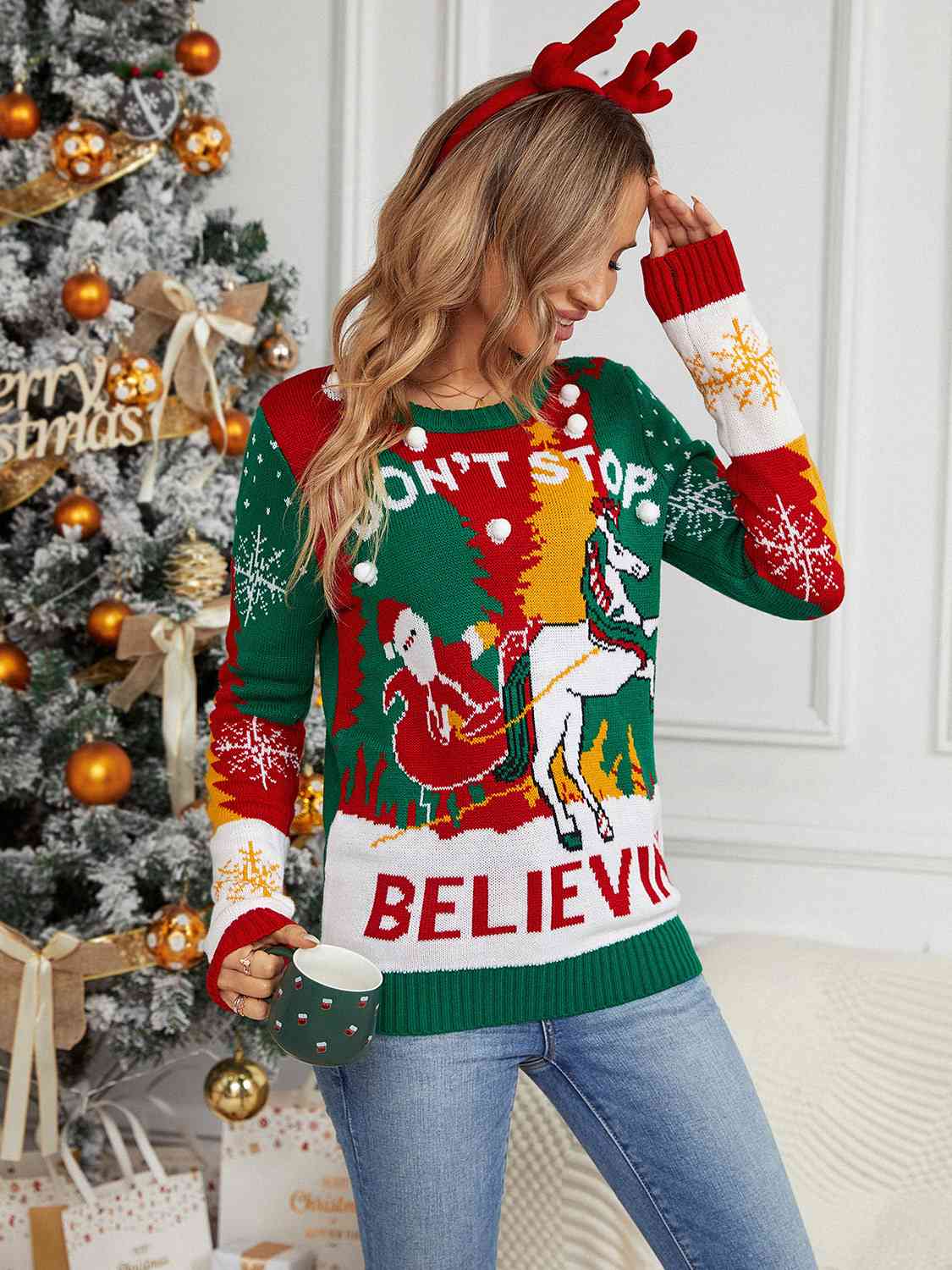Printed Round Neck Long Sleeve Sweater - Trendsi - Flyclothing LLC