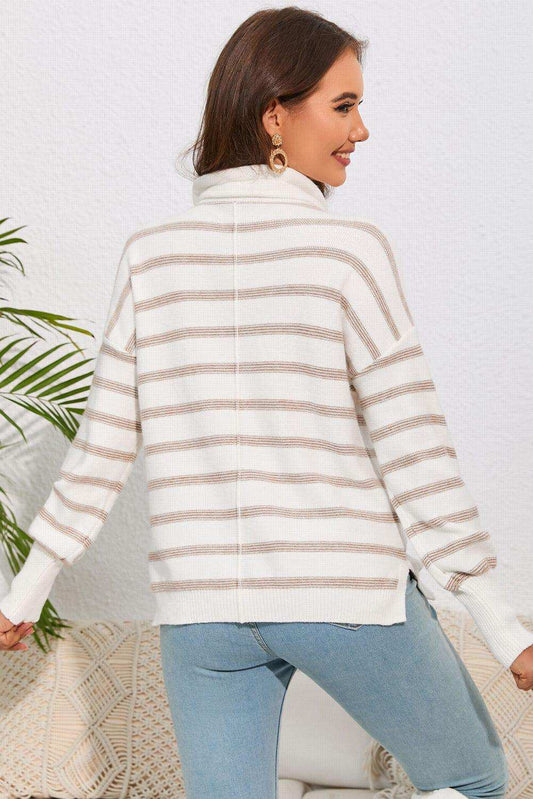 Cowl Neck Drastring Dropped Shoudler Striped Print Blouse - Trendsi - Flyclothing LLC
