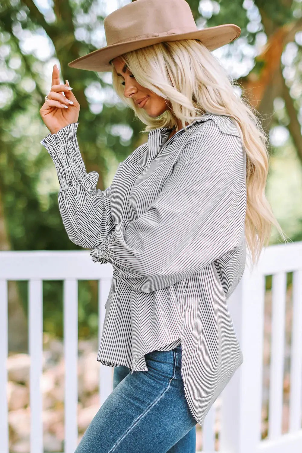 Striped Lantern Sleeve Collared Shirt - Trendsi - Flyclothing LLC