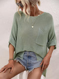 Boat Neck Cuffed Sleeve Slit Tunic Knit Top - Trendsi