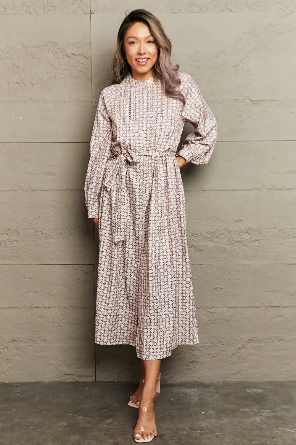 Printed Tie Waist Long Sleeve Dress - Trendsi - Flyclothing LLC