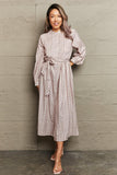 Printed Tie Waist Long Sleeve Dress - Trendsi