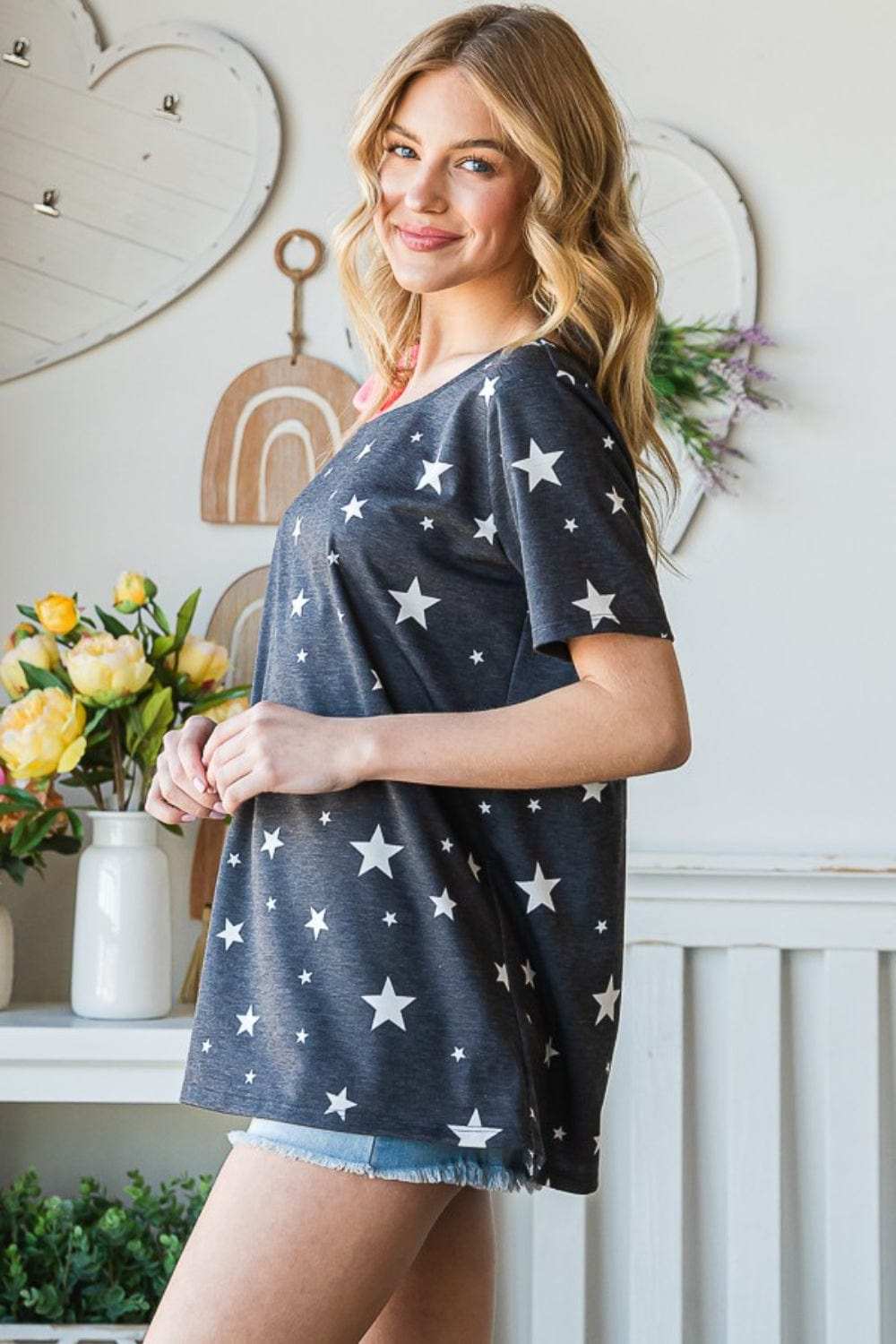 Heimish Full Size Star Print Asymmetrical Neck Short Sleeve Top - Trendsi - Flyclothing LLC