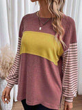 Round Neck Striped Long Sleeve Slit T-Shirt - Trendsi - Flyclothing LLC