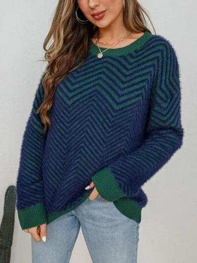 Striped Round Neck Dropped Shoulder Sweater - Trendsi - Flyclothing LLC