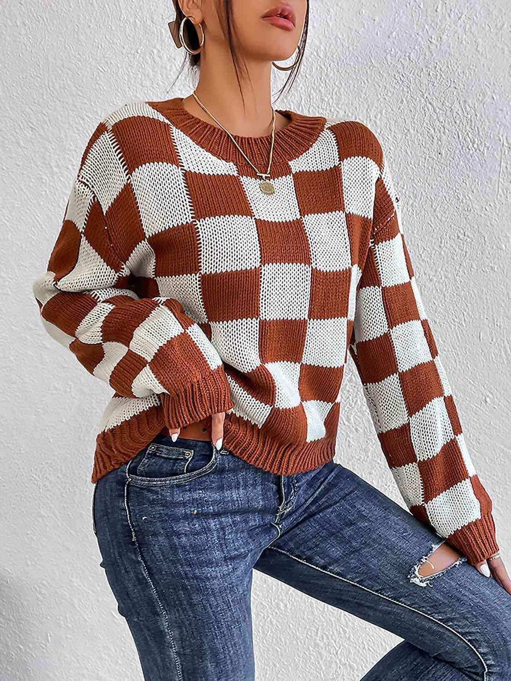 Checkered Round Neck Sweater - Trendsi - Flyclothing LLC
