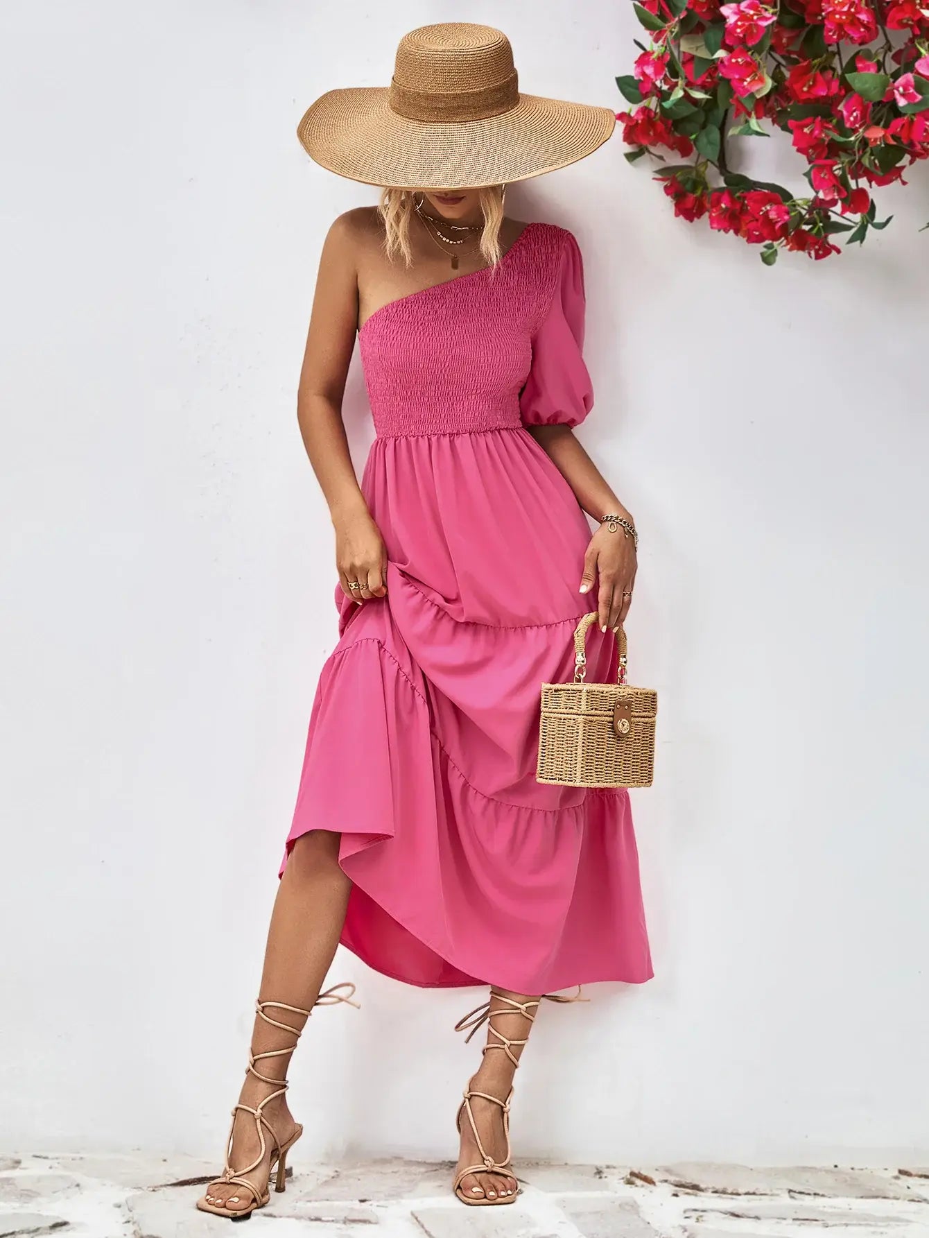 Smocked One-Shoulder Midi Dress - Trendsi - Flyclothing LLC