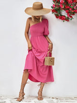 Smocked One-Shoulder Midi Dress - Trendsi - Flyclothing LLC