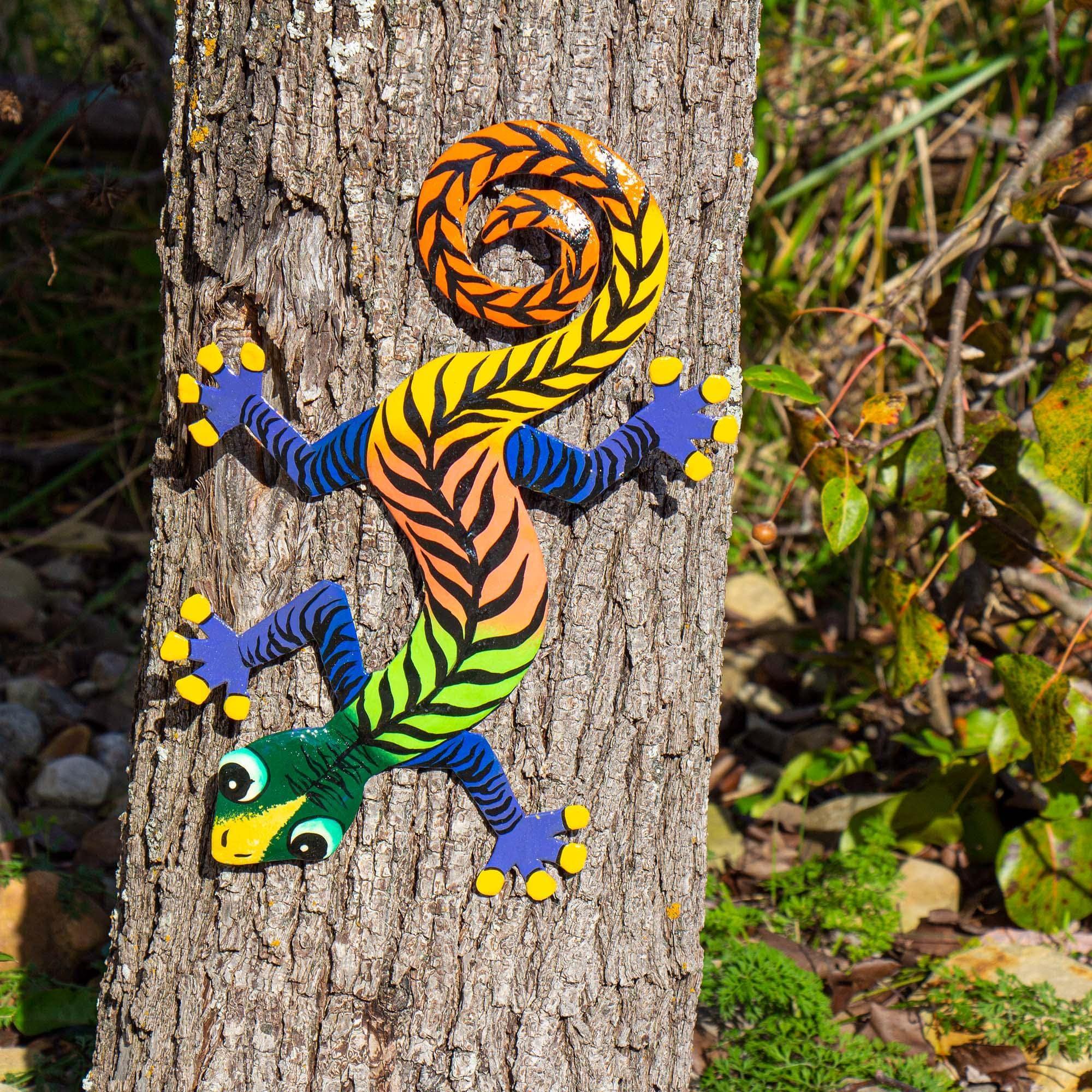 Colorful Gecko Haitian Steel Drum Wall Art, 13 inch Black Stipes - Caribbean Craft
