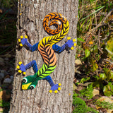 Colorful Gecko Haitian Steel Drum Wall Art, 13 inch Black Stipes - Caribbean Craft