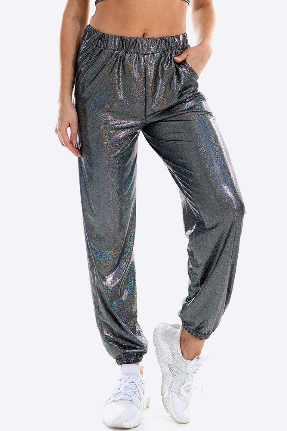 Glitter Elastic Waist Pants with Pockets - Trendsi - Flyclothing LLC