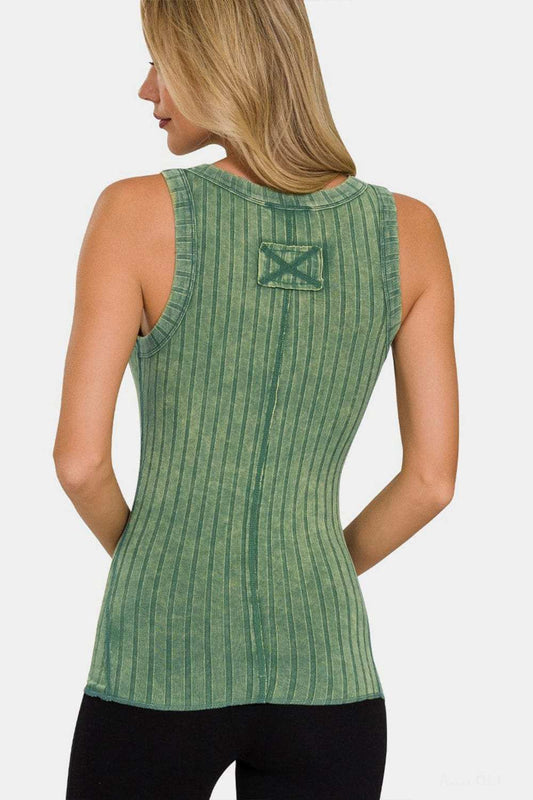 Zenana Washed Ribbed Half Snap Henry Tank - Trendsi - Flyclothing LLC