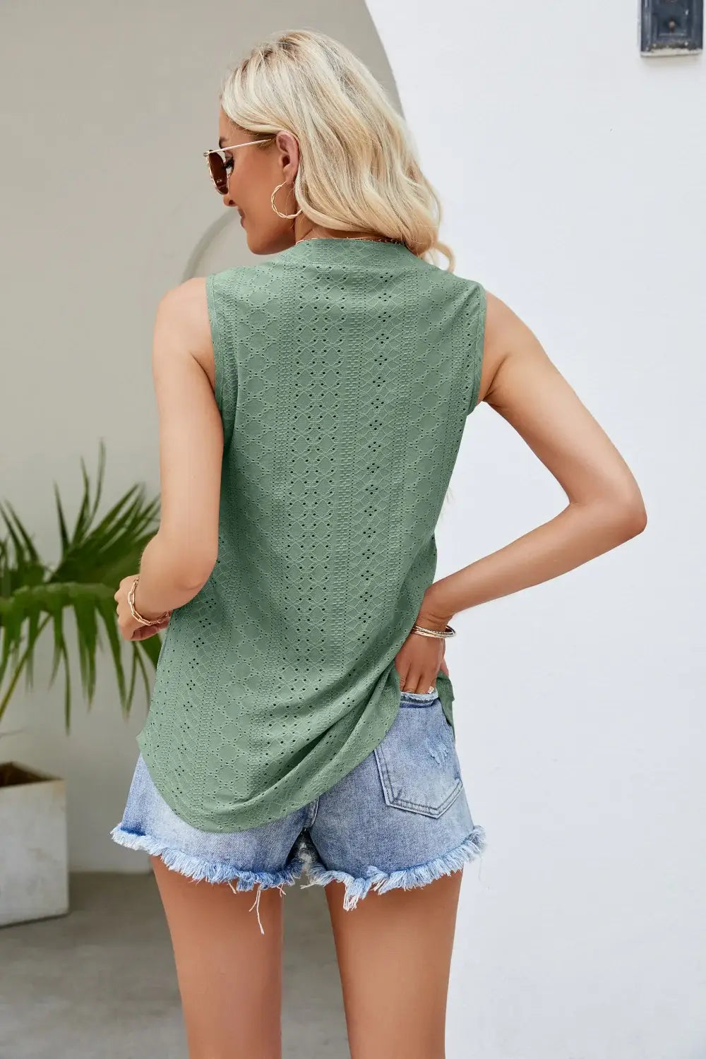 Notched Neck Curved Hem Eyelet Tank - Trendsi - Flyclothing LLC