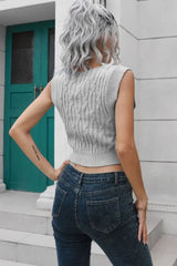 Cable-Knit Deep V Cropped Knit Vest - Trendsi - Flyclothing LLC