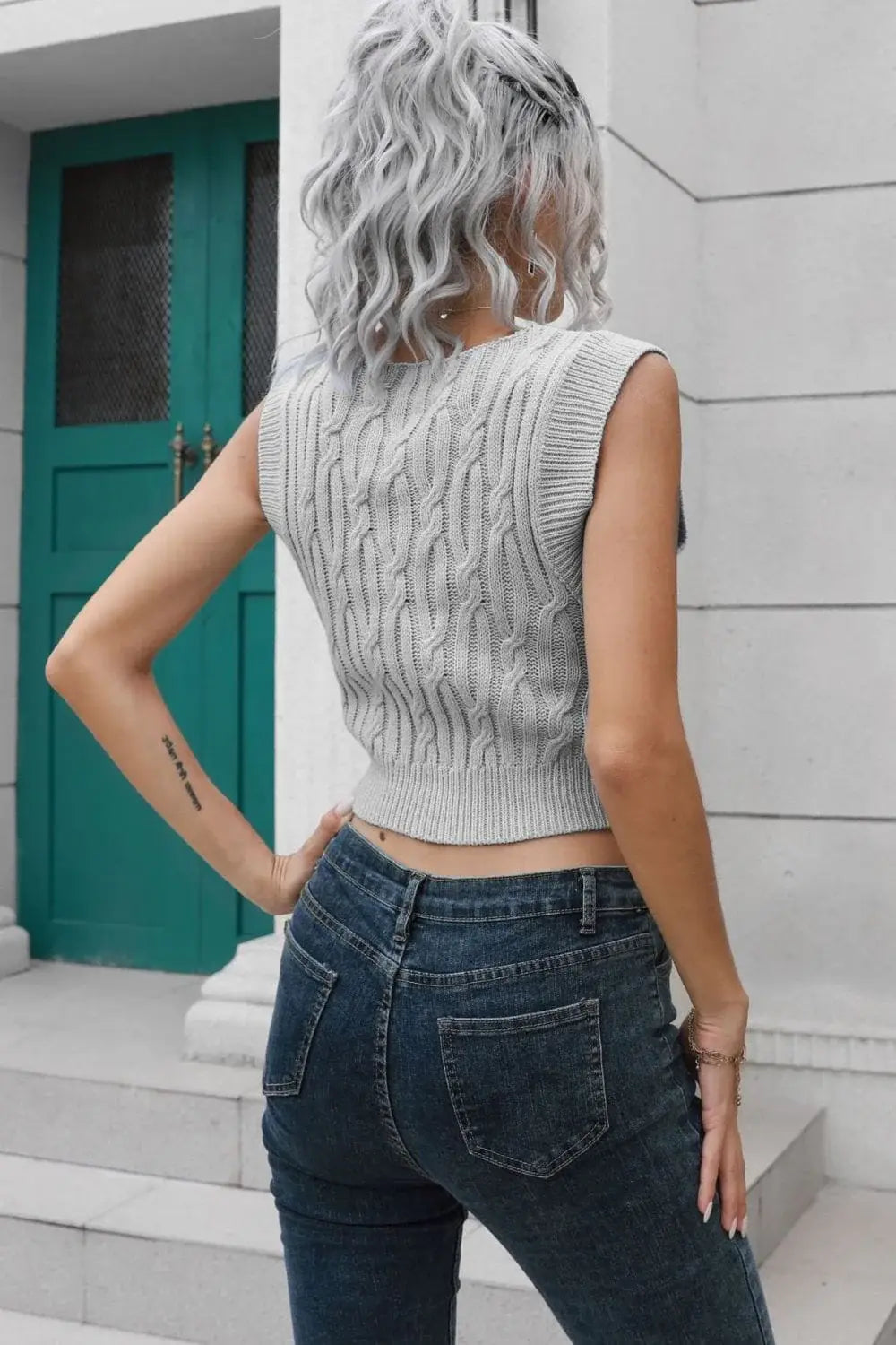 Cable-Knit Deep V Cropped Knit Vest - Trendsi - Flyclothing LLC