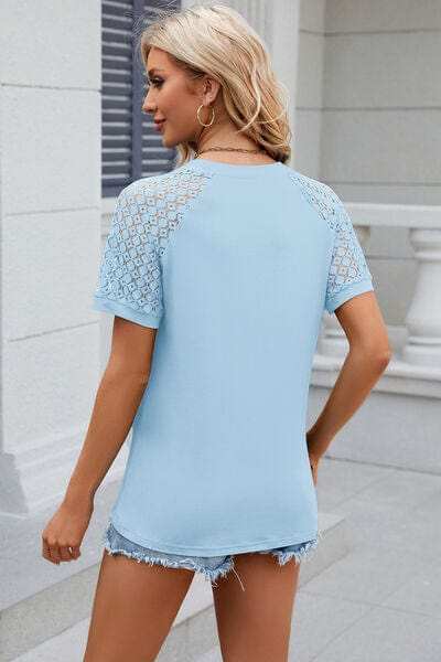 Openwork Round Neck Short Sleeve T-Shirt - Trendsi - Flyclothing LLC