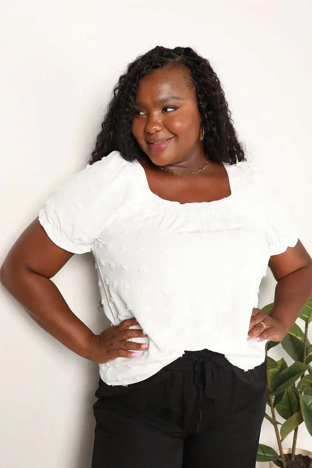 Double Take Swiss Dot Puff Sleeve Square Neck Blouse - Trendsi - Flyclothing LLC