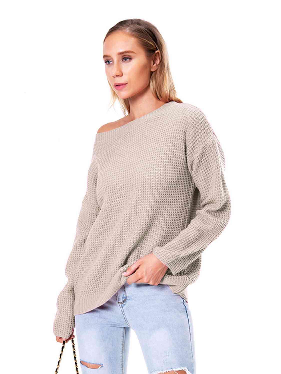 Boat Neck Drop Shoulder Long Sleeve Sweater - Trendsi