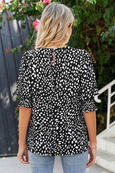 Polka Dot Round Neck Lantern Sleeve Blouse - Trendsi - Flyclothing LLC