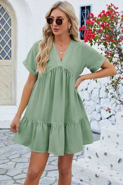 Ruched Tiered V-Neck Short Sleeve Mini Dress - Trendsi - Flyclothing LLC