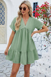 Ruched Tiered V-Neck Short Sleeve Mini Dress - Trendsi