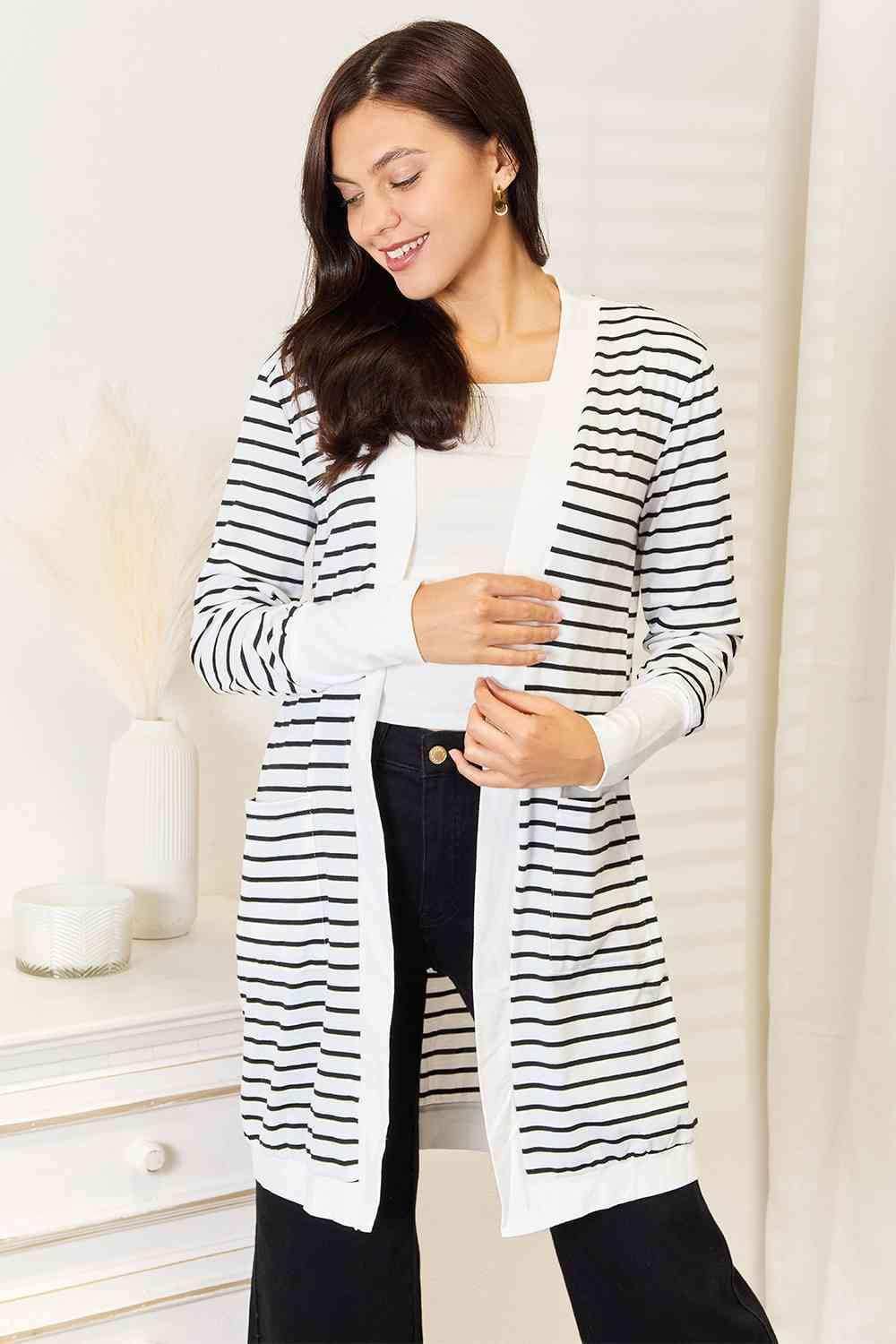 Double Take Striped Open Front Longline Cardigan - Trendsi - Flyclothing LLC