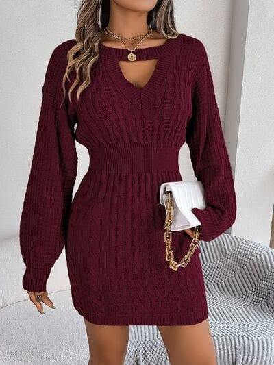 Cable-Knit Cutout Round Neck Slit Sweater - Trendsi