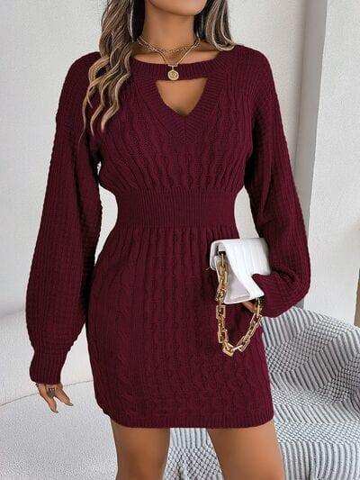 Cable-Knit Cutout Round Neck Slit Sweater - Trendsi - Flyclothing LLC
