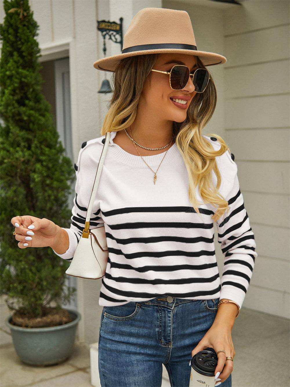 Round Neck Shoulder Button Striped Pullover Sweater - Trendsi - Flyclothing LLC