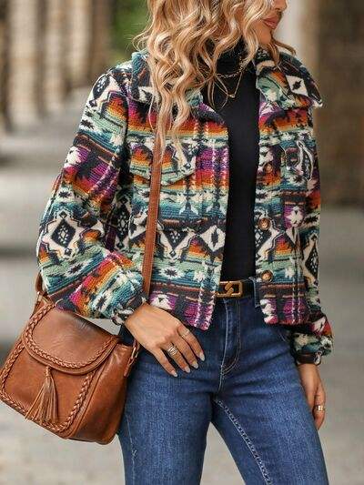 Geometric Dropped Shoulder Balloon Sleeve Outerwear - Trendsi - Flyclothing LLC