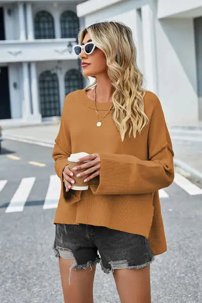 High-Low Slit Round Neck Long Sleeve Sweater - Trendsi - Flyclothing LLC