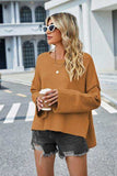 High-Low Slit Round Neck Long Sleeve Sweater - Trendsi - Flyclothing LLC