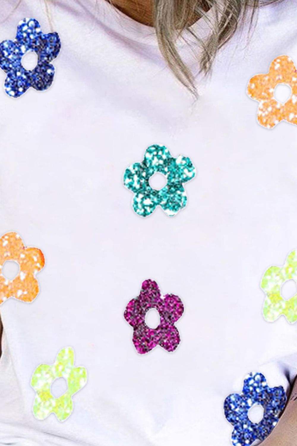 Sequin Flower Round Neck Short Sleeve T-Shirt - Trendsi - Flyclothing LLC