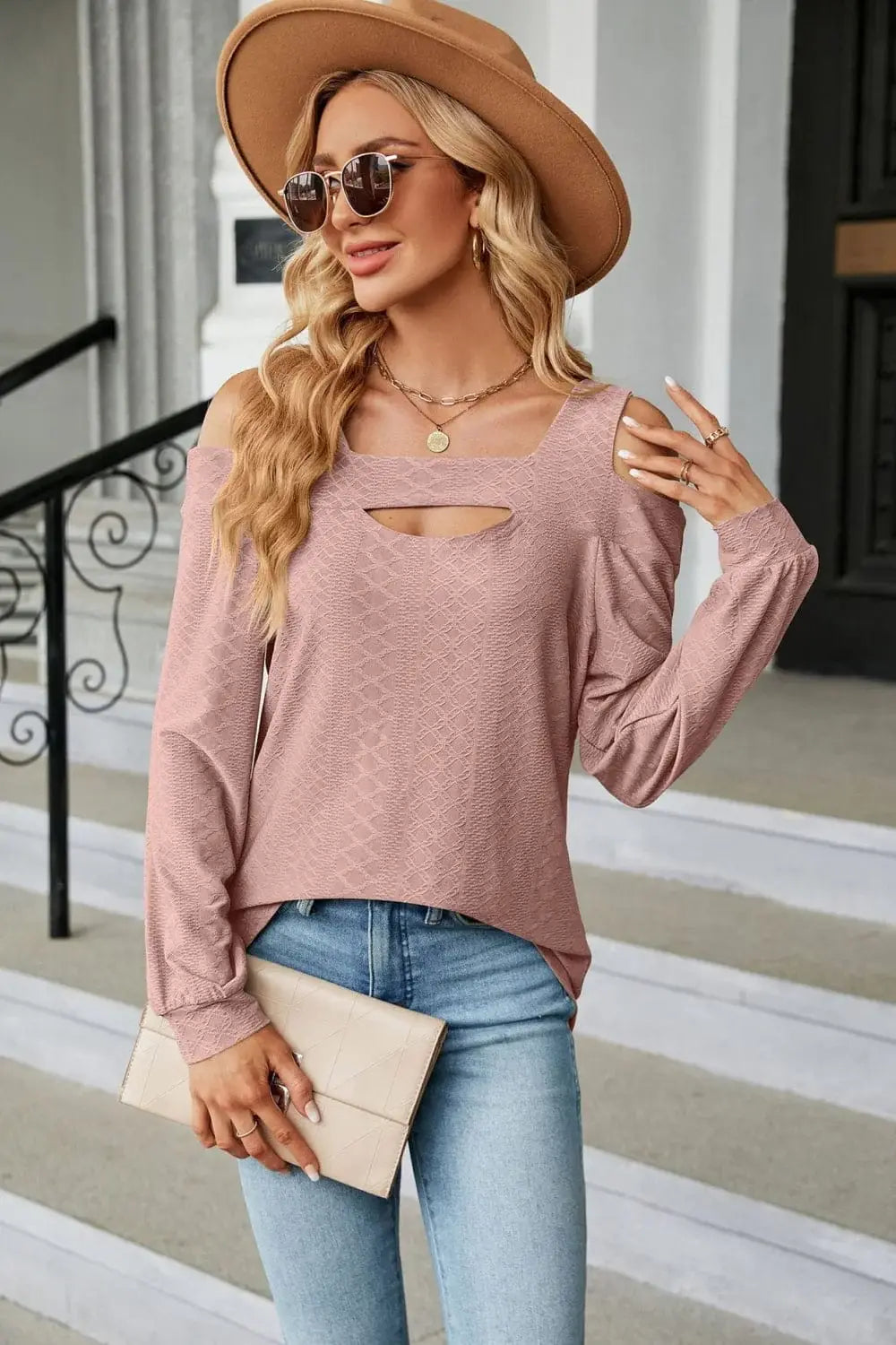 Cold Shoulder Square Neck Cutout Blouse - Trendsi - Flyclothing LLC