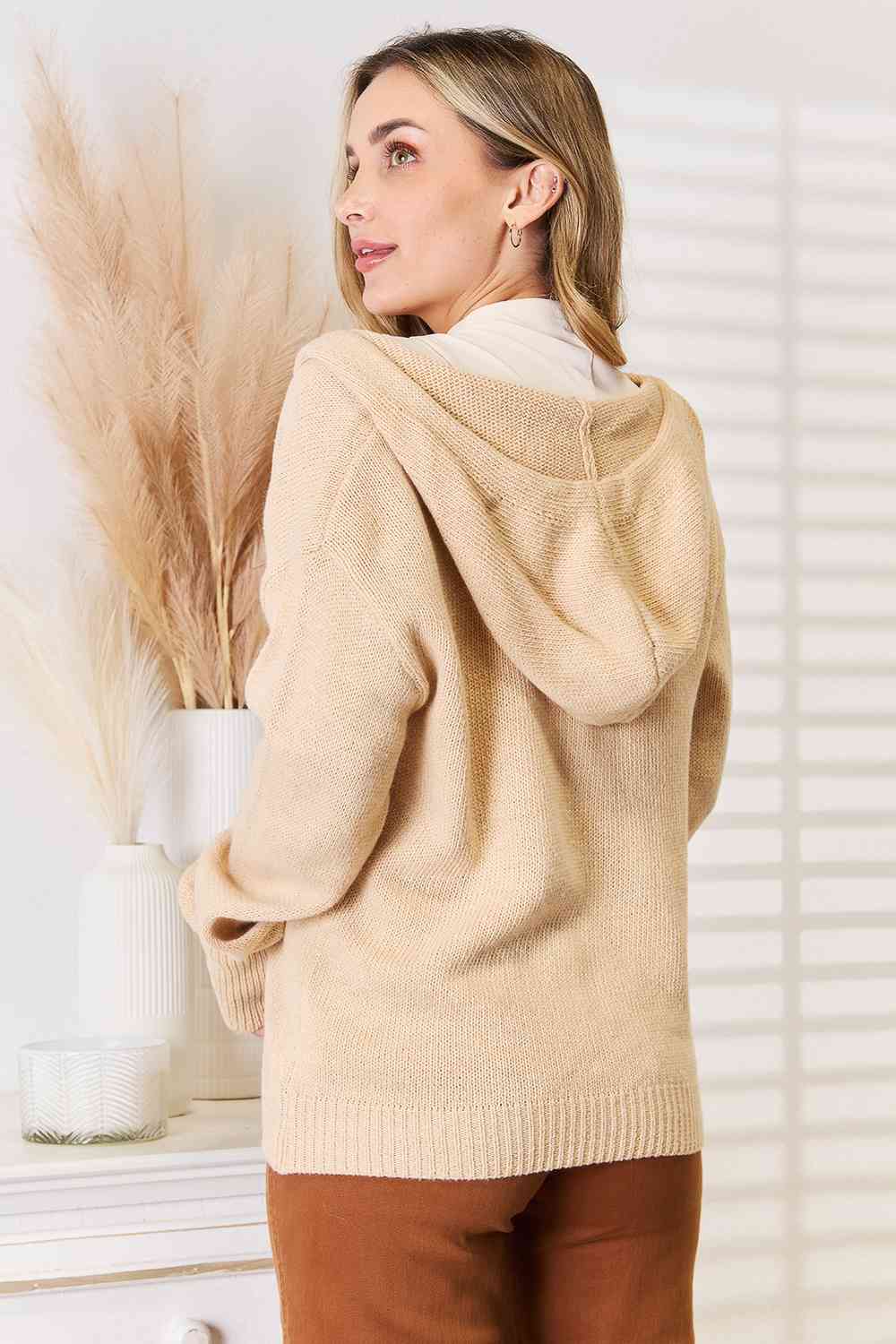 Woven Right Button-Down Long Sleeve Hooded Sweater - Trendsi - Flyclothing LLC