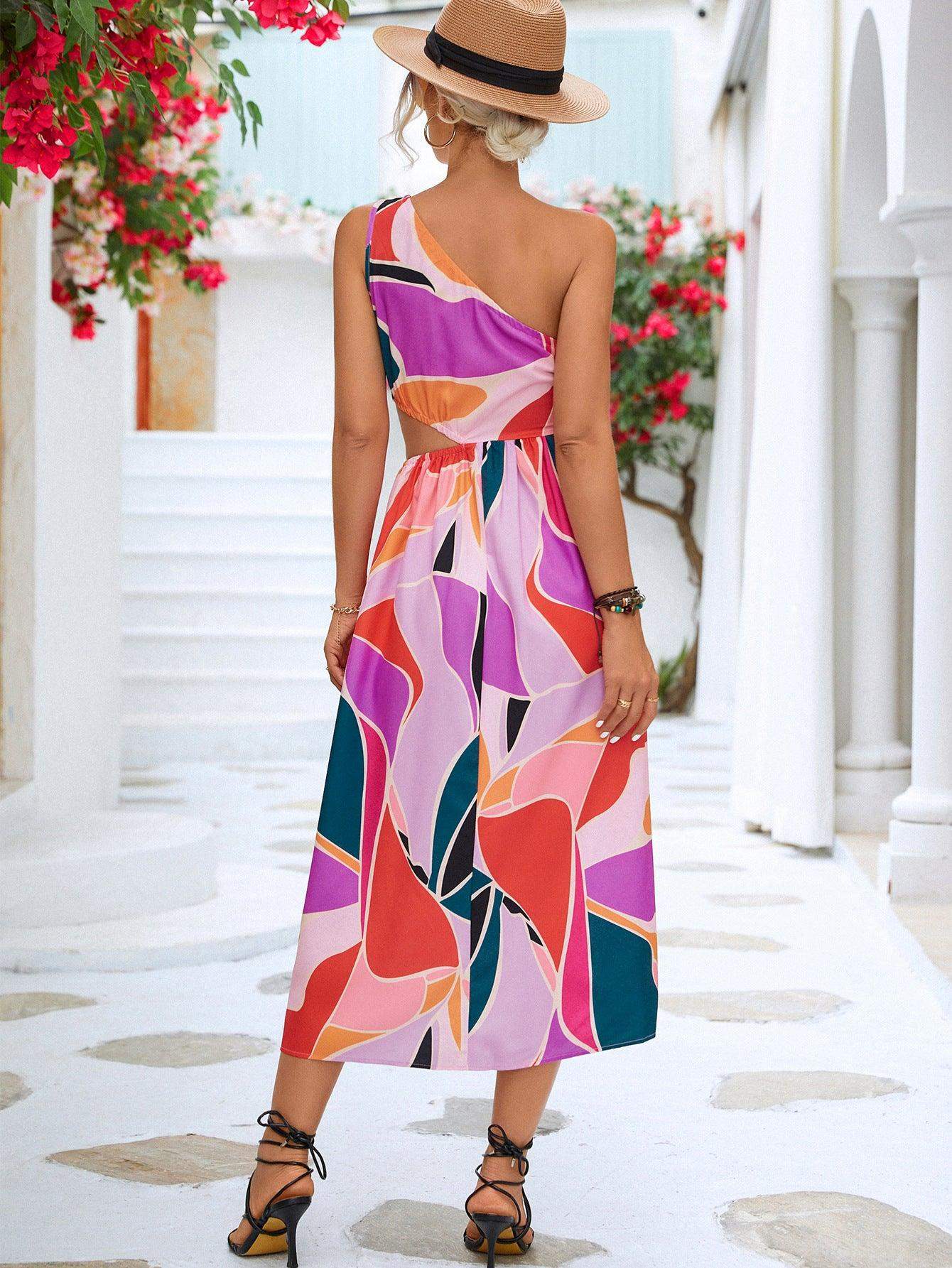 Printed Cutout One-Shoulder Sleeveless Dress - Trendsi - Flyclothing LLC
