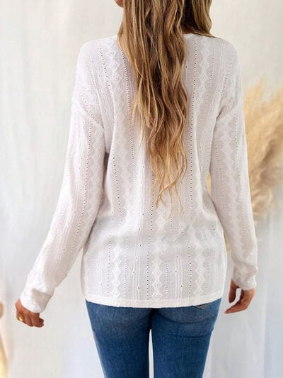 Eyelet V-Neck Dropped Shoulder T-Shirt - Trendsi