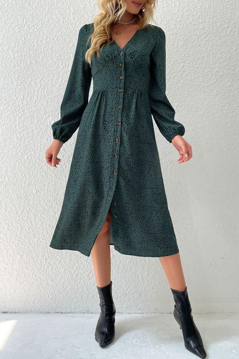 Printed Button Down V-Neck Midi Dress - Trendsi