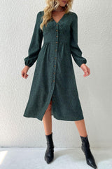 Printed Button Down V-Neck Midi Dress - Trendsi