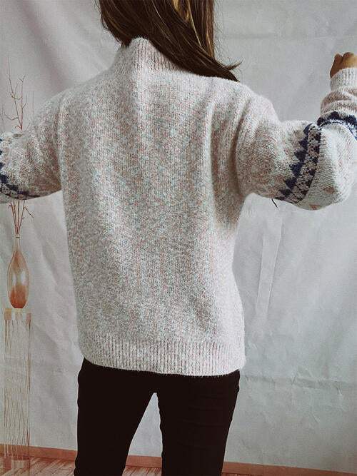 Geometric Mock Neck Dropped Shoulder Sweater - Trendsi - Flyclothing LLC