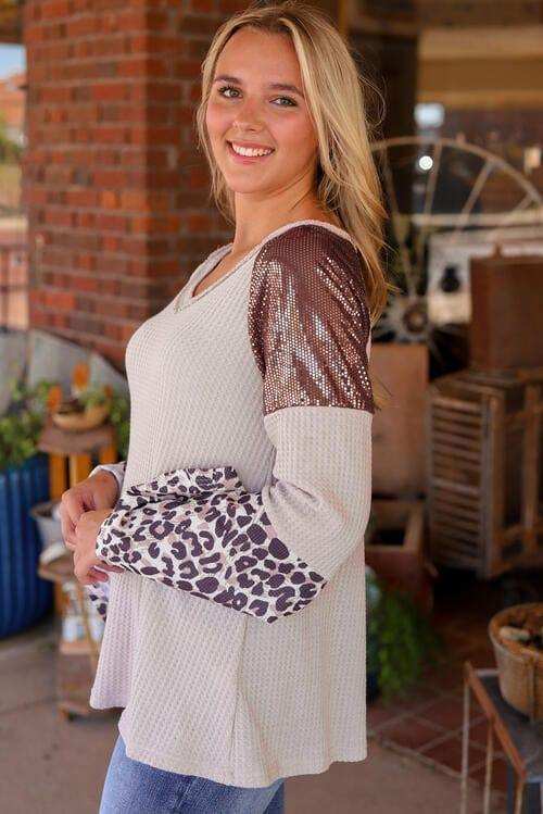 Leopard V-Neck Long Sleeve Top - Trendsi - Flyclothing LLC