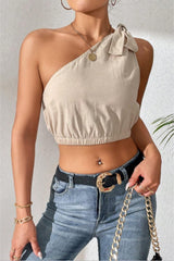 Cropped One-Shoulder Striped Tie Shoulder Tank - Trendsi