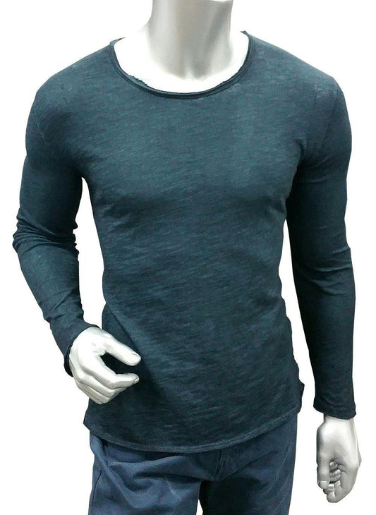 Frayed Navy Long Sleeve Crew Shirt - Giorgio Cosani