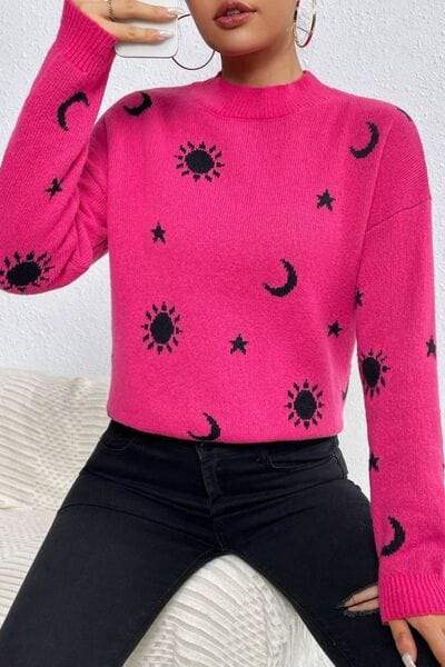 Graphic Mock Neck Dropped Shoulder Sweater - Trendsi - Flyclothing LLC