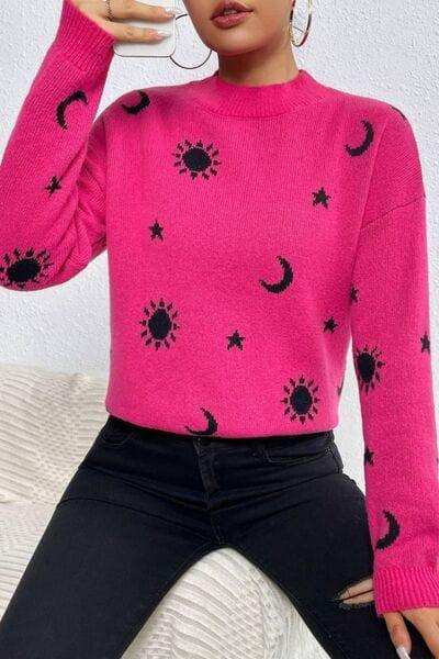 Graphic Mock Neck Dropped Shoulder Sweater - Trendsi - Flyclothing LLC