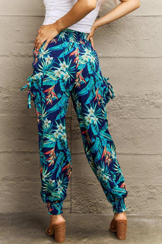 Smocked Plant Print Long Pants - Trendsi - Flyclothing LLC