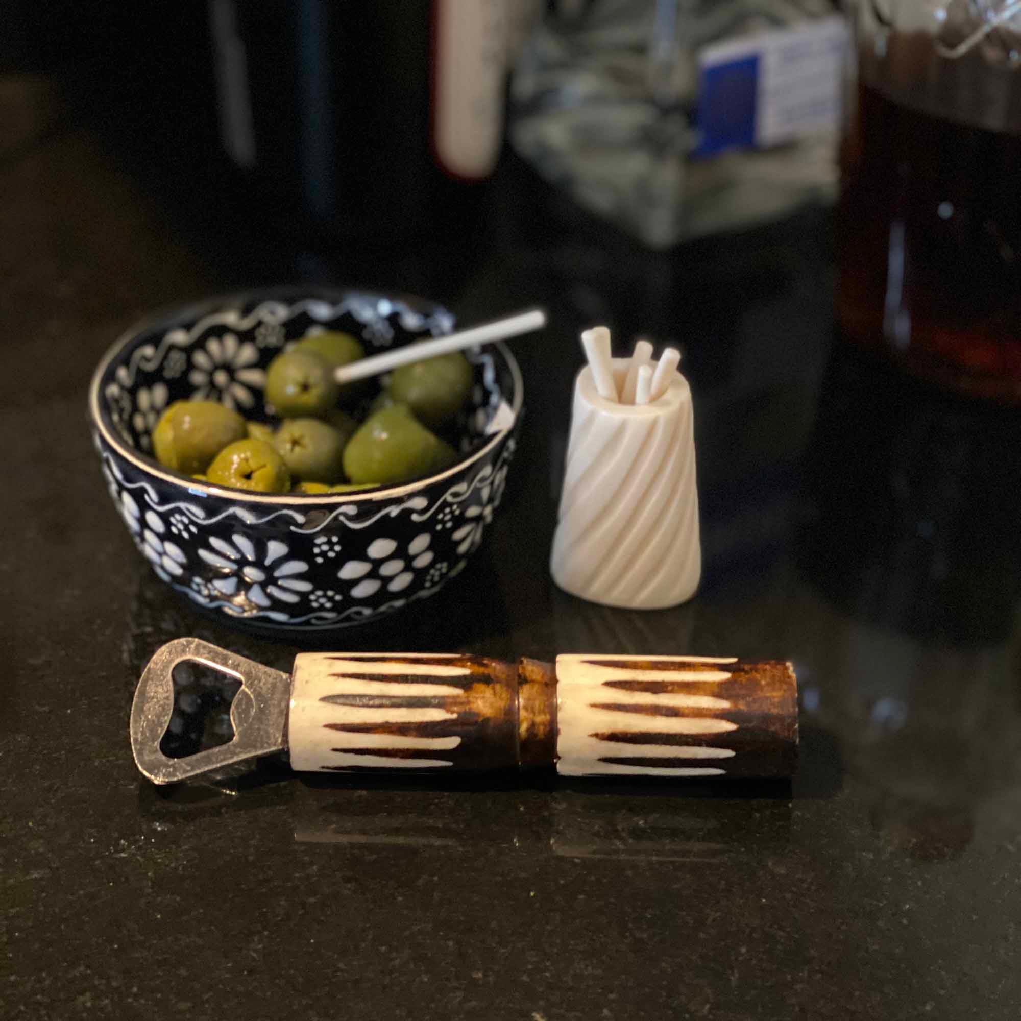 Hand-caved Cocktail Picks & Jar in Natural Bone - Flyclothing LLC